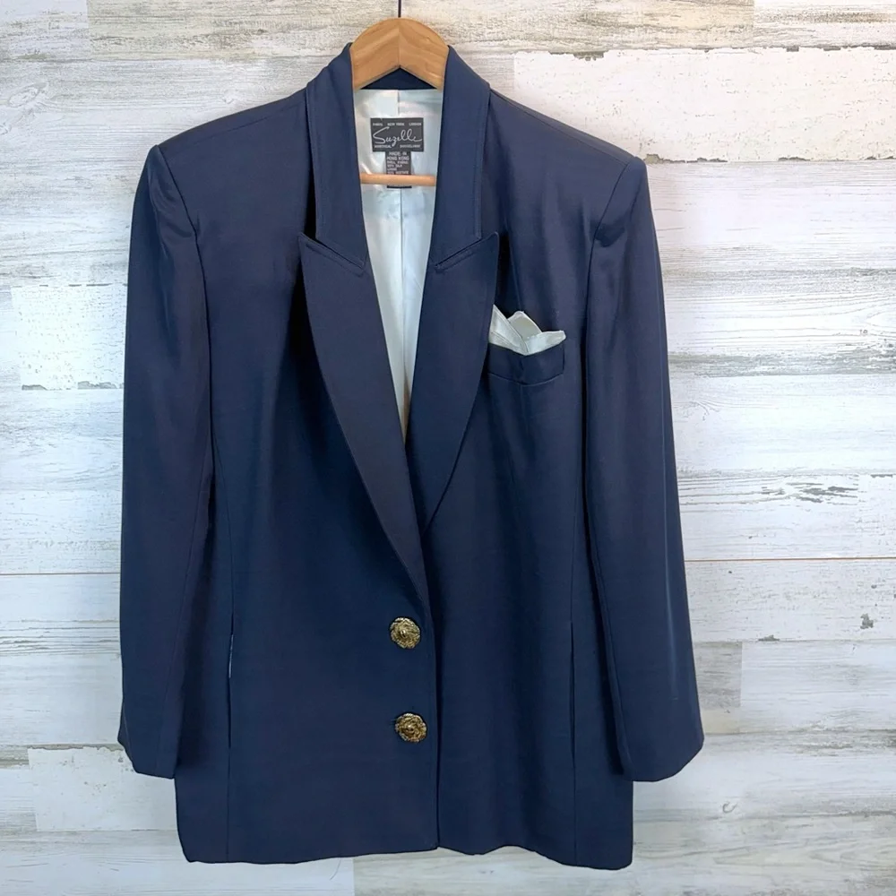 Vintage 90s Suzelle Silk Blazer Navy Gold Buttons Old Money Power Blazer 10 - Picture 2 of 11